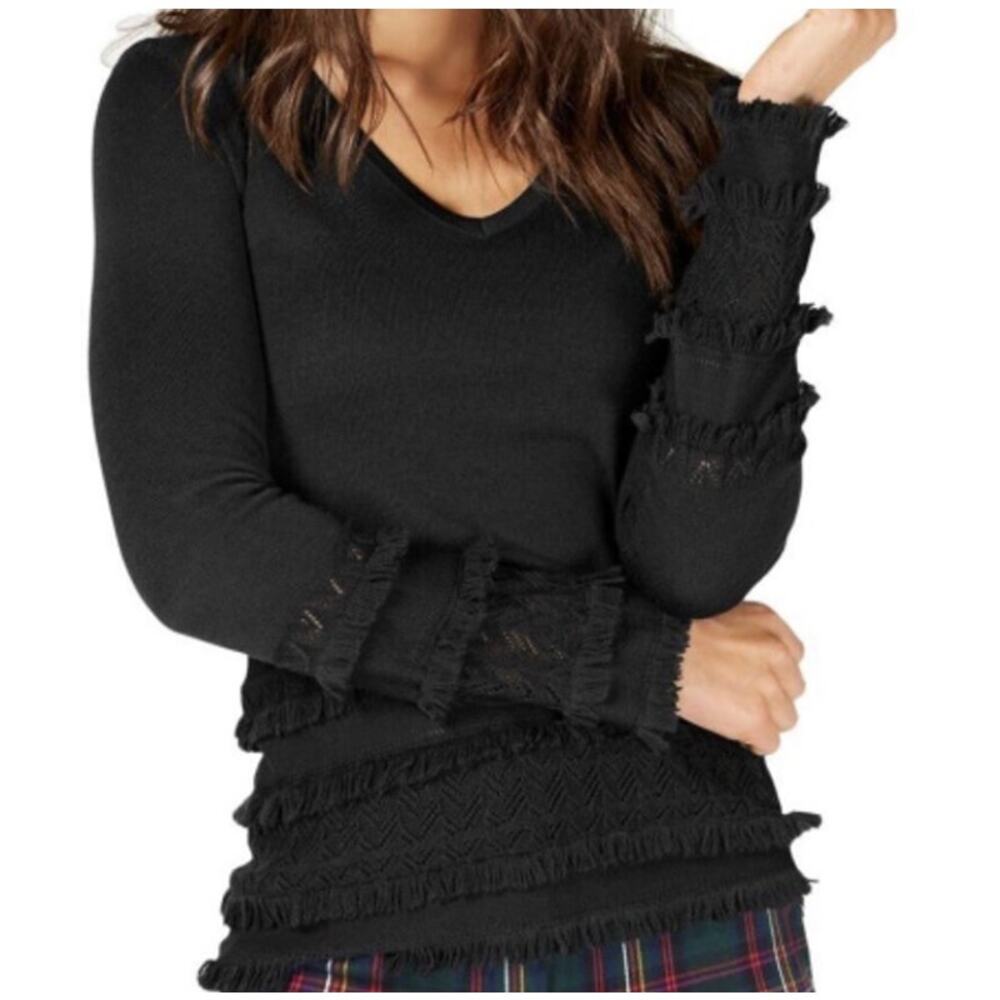 Trina Turk Crew Neck Fringe Long Sleeve Merino Wool‎ Sweater Black XS